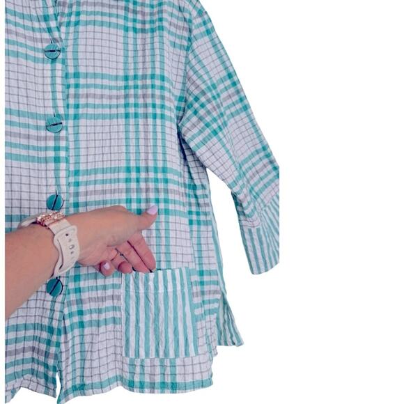 Habitat Teal and White Plaid Button-up 3/4 Sleeve Medium - Picture 4 of 6